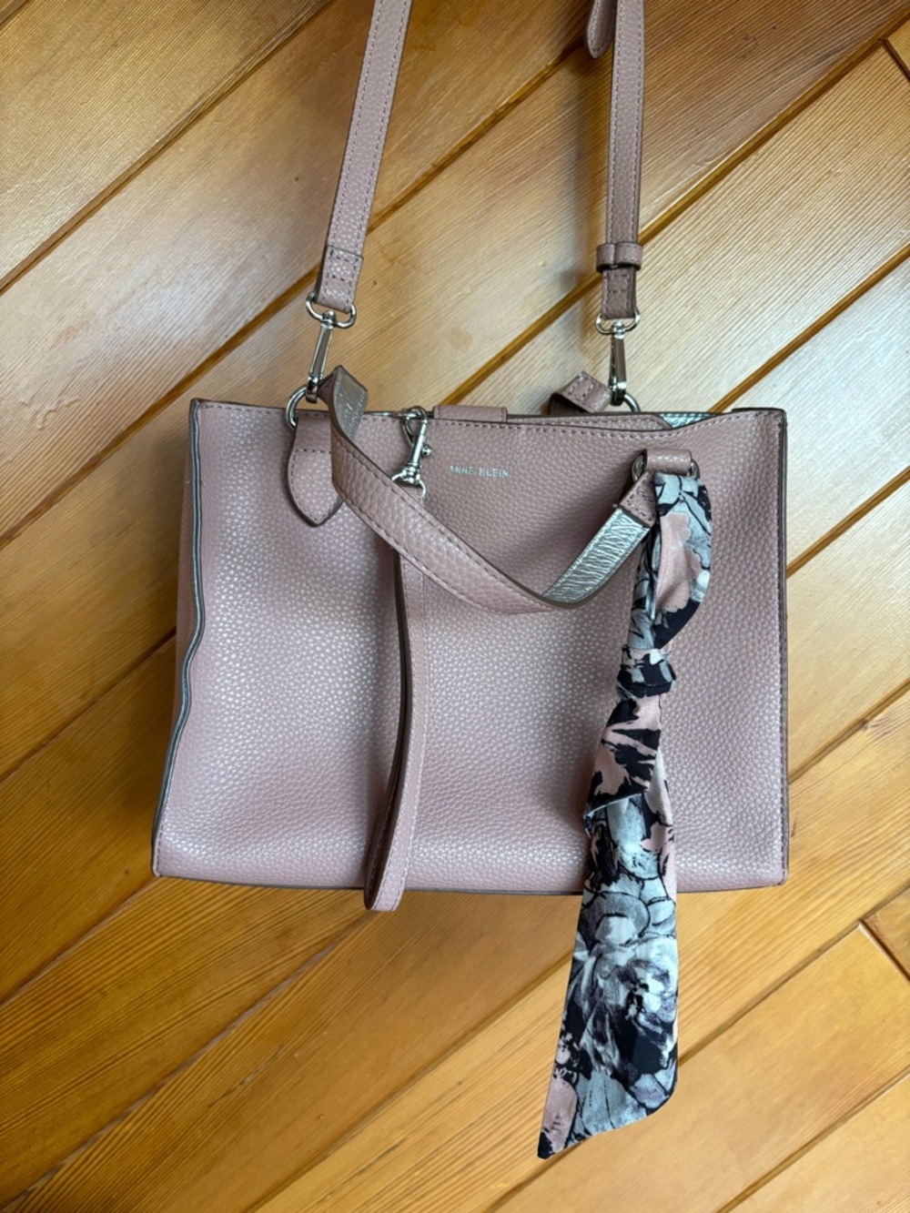 Anne Klein Dusty Rose Pebbled Crossbody with Scarf Accent